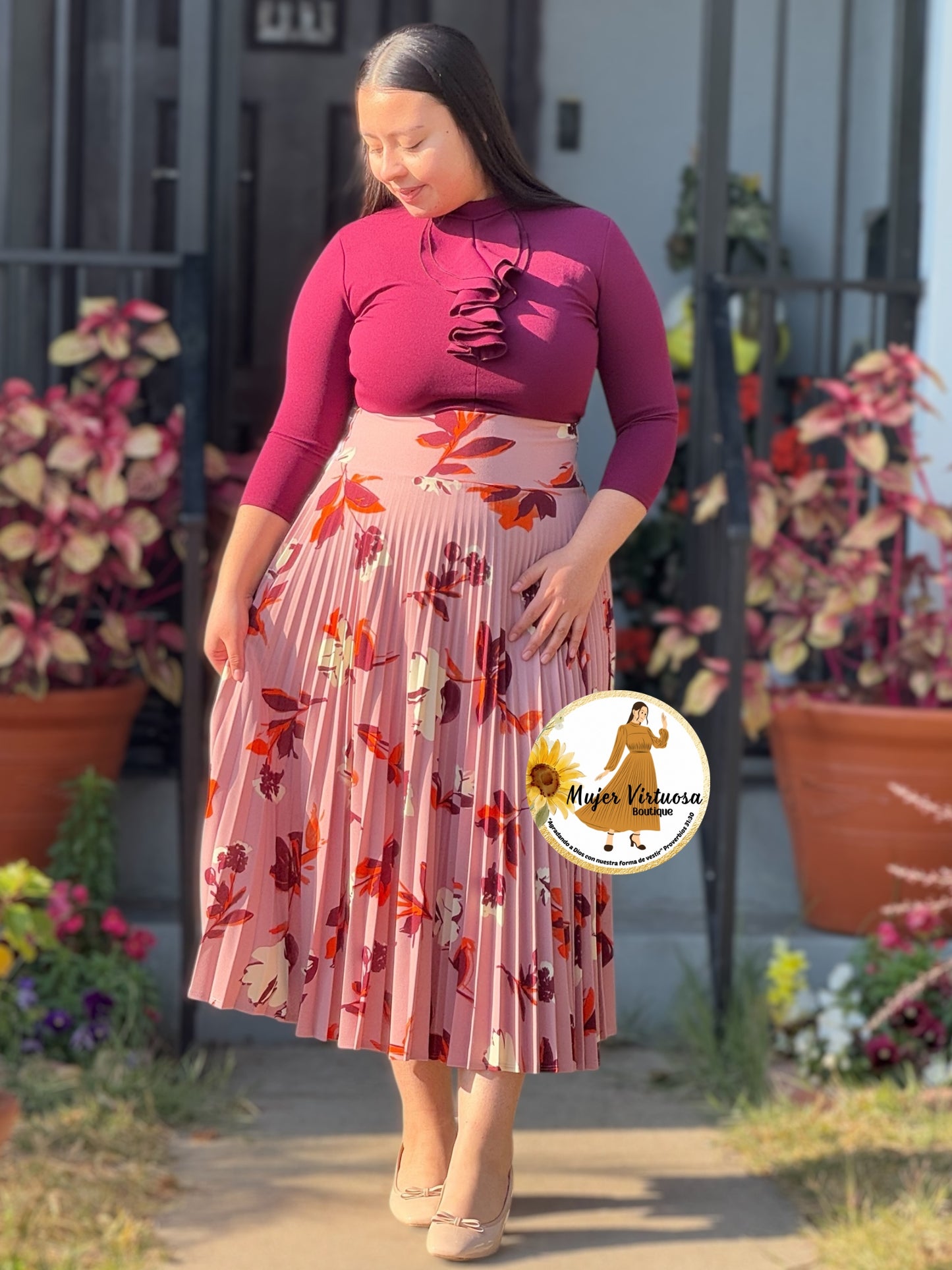 Mauve Floral Pleated Skirt