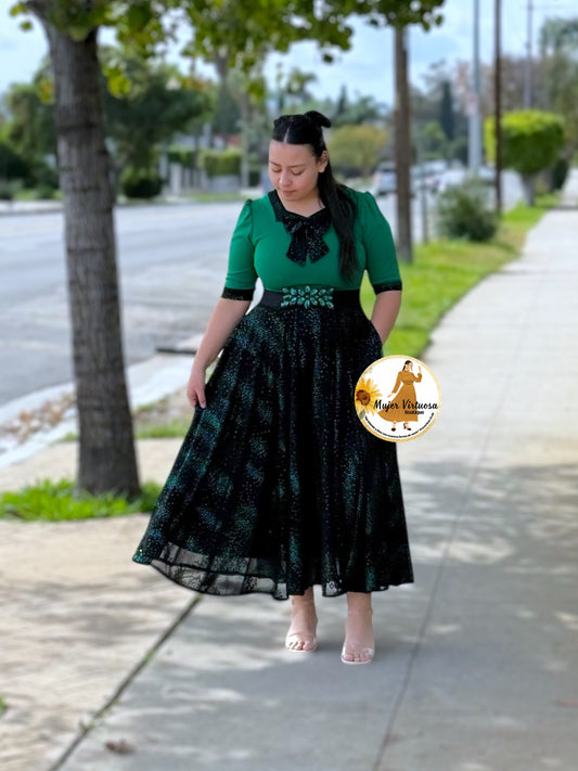 Madelyn Green Mesh Bow Dress