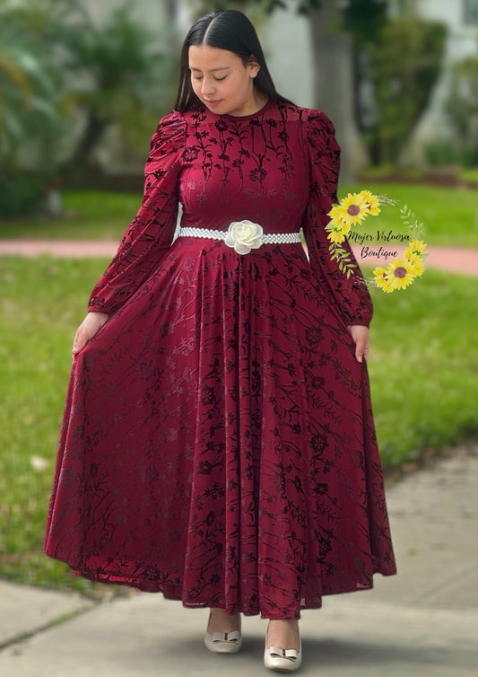 Ophelia Burgundy Velvet On Chiffon Dress