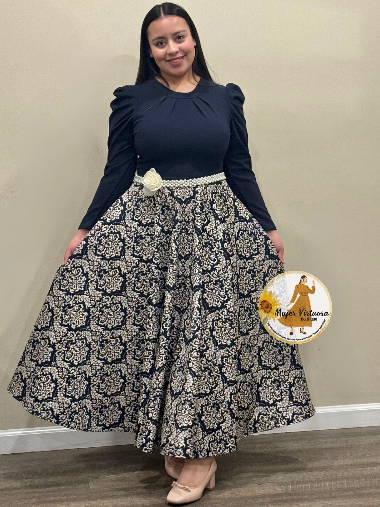 Eloisa Navy & Beige Floral Dress