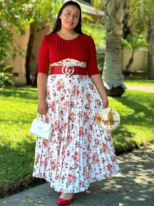 Red & White Floral Pleated Dress