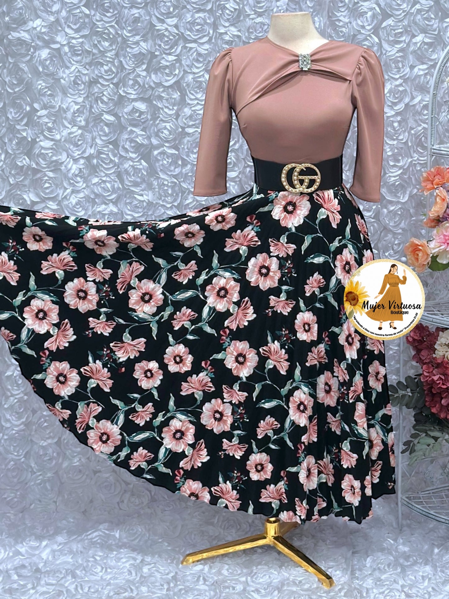 Rosalie Dusty Pink & Black Pleated Dress