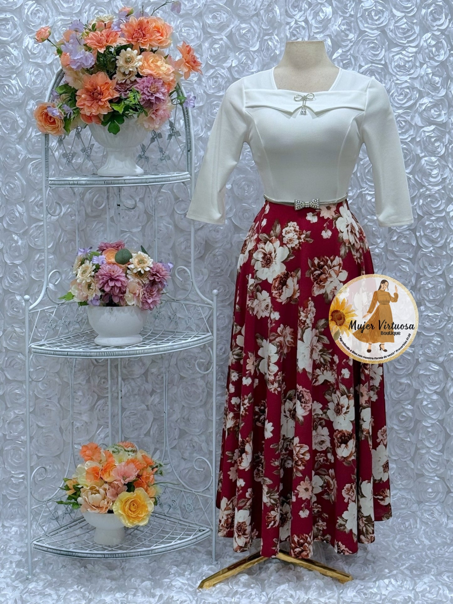 Alma Ivory/Burgundy Floral Dress