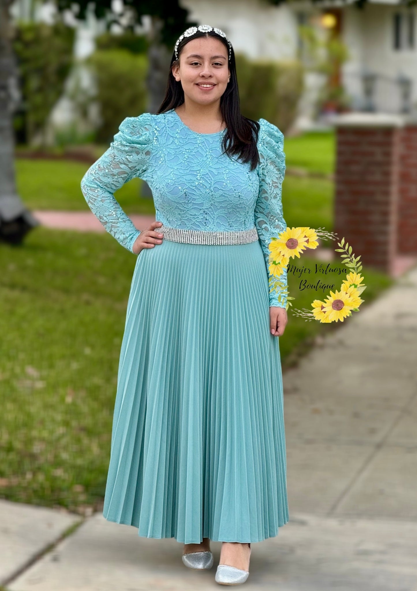 Ophelia Aqua Pleated Lace Dress