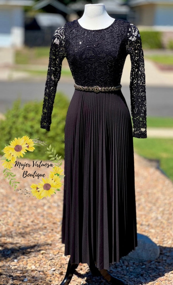 Alida Elegant Black Pleated Dress