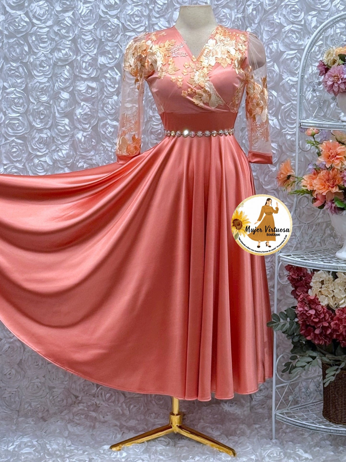 Cecilia Coral Peach Satin Dress