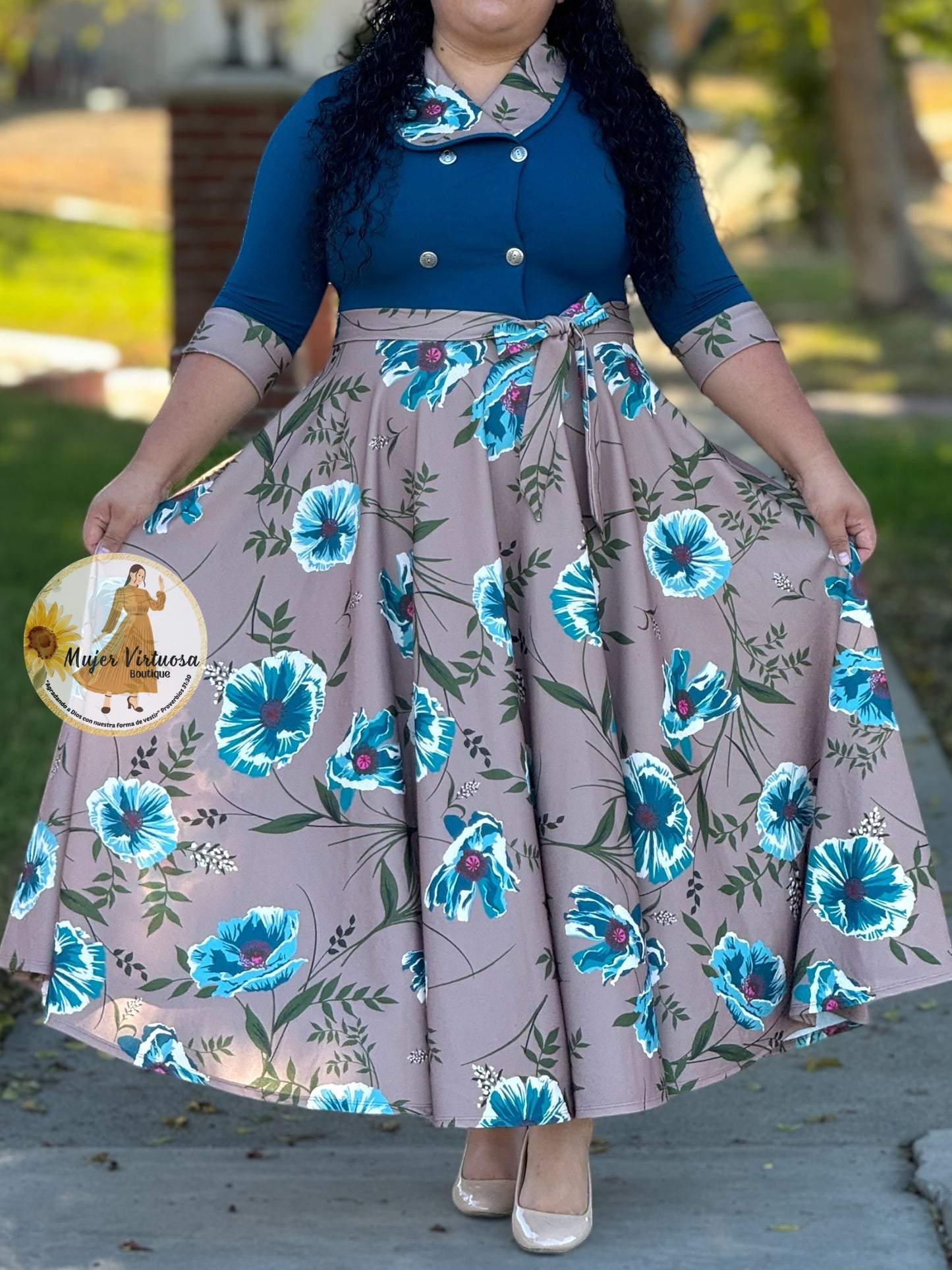 Raquel Teal & Mocha Floral Dress