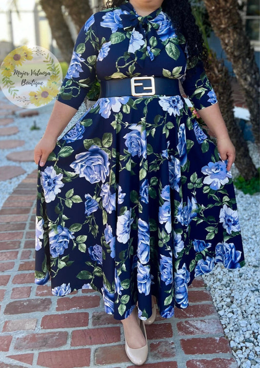 Navy Blue Roses Maxi Dress