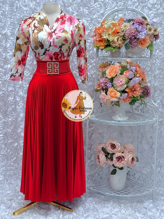Red Pleated Maxi Skirt