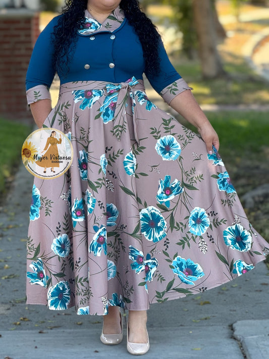 Raquel Teal & Mocha Floral Dress