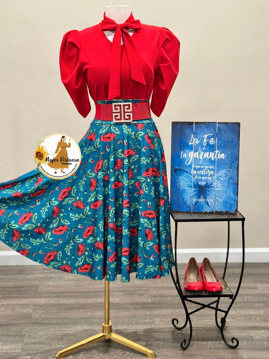 Teal & Red Flowers Midi Skirt