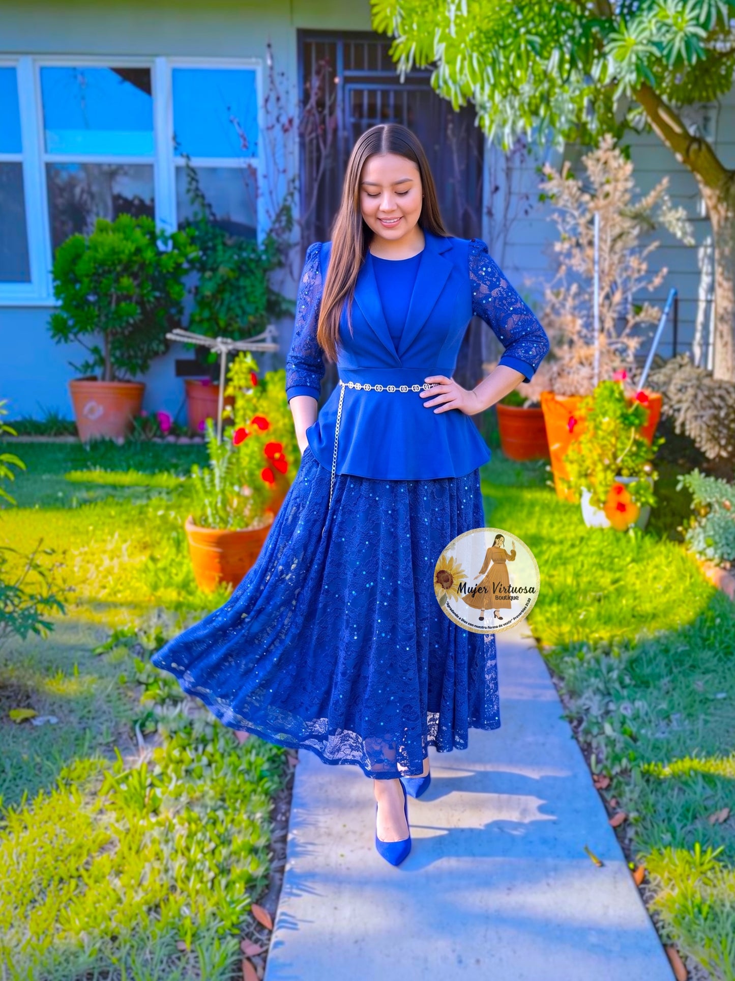 Mayra Royal Blue Crepe & Lace Dress
