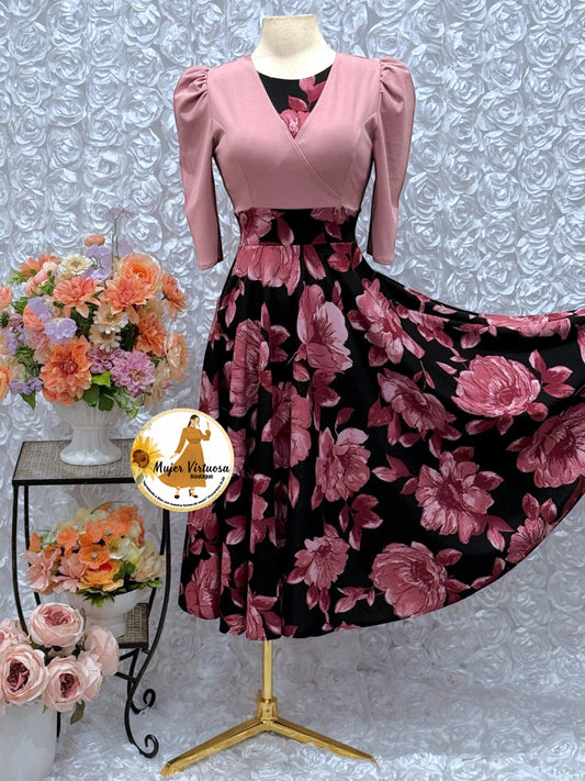 Mauve & Black Floral Midi Dress