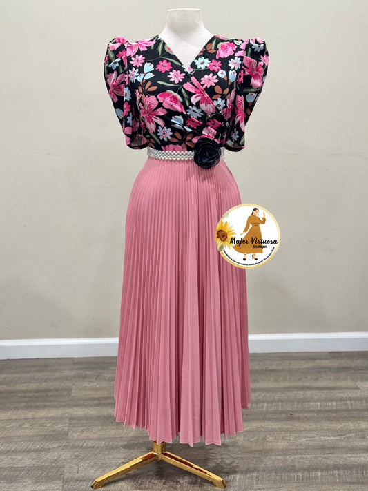 Black & Pink Pleated Floral Dress