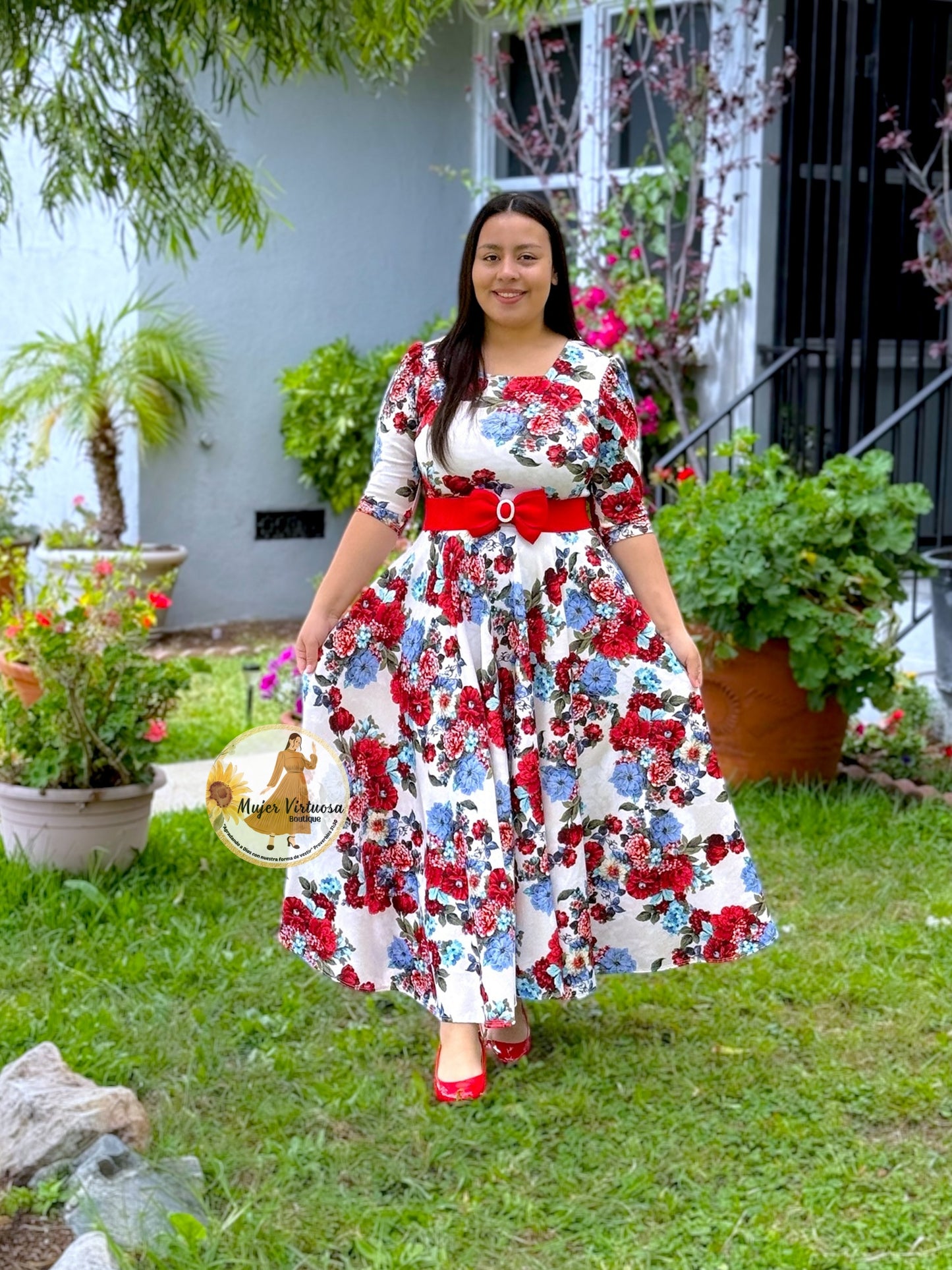 Eunice Ivory & Red Flowers Dress