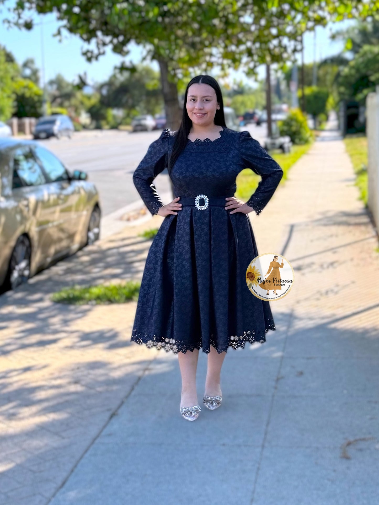 Navy Elegant Brocade Midi Dress