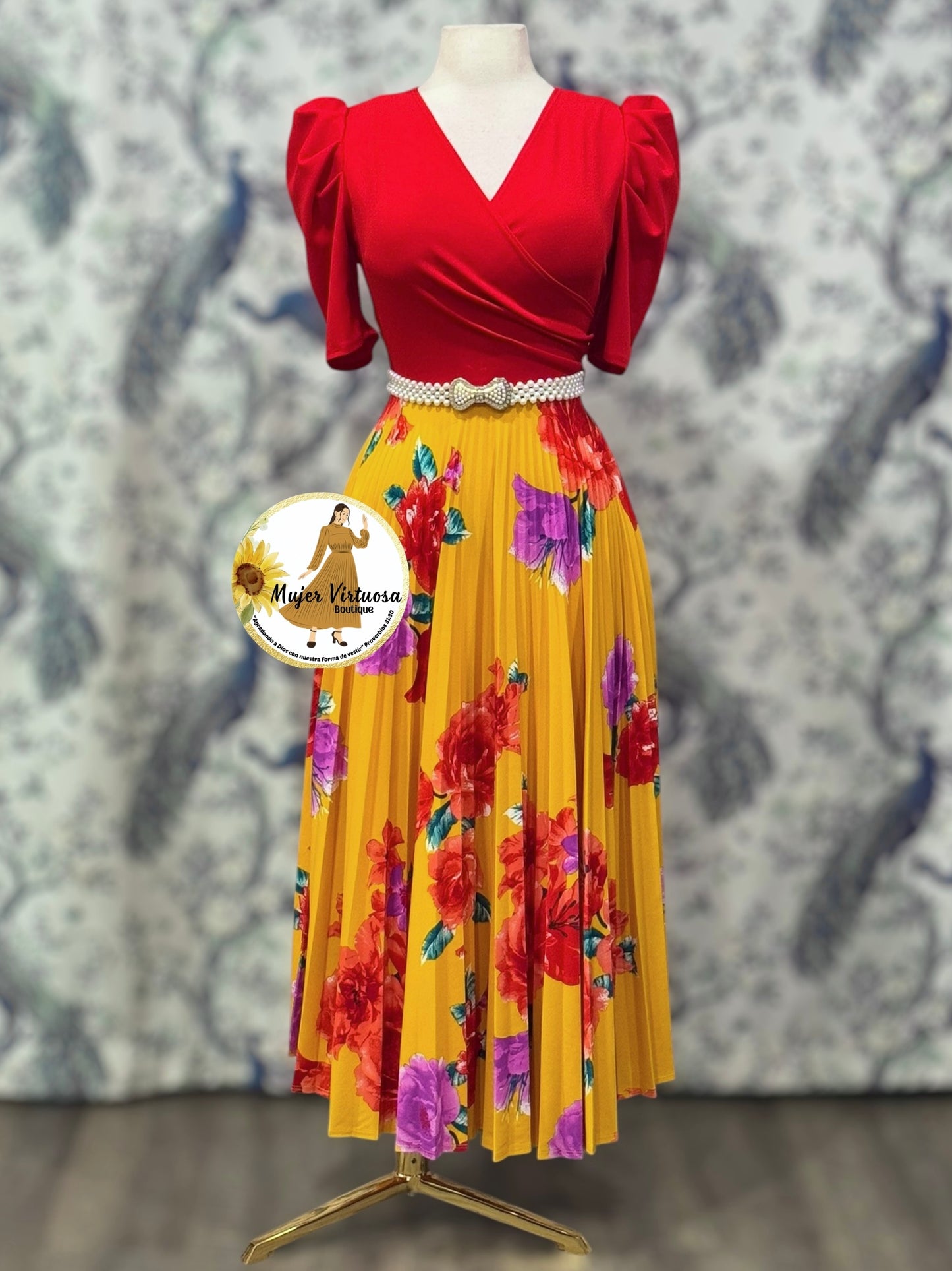 Jessica Red & Yellow Floral Pleated Dress