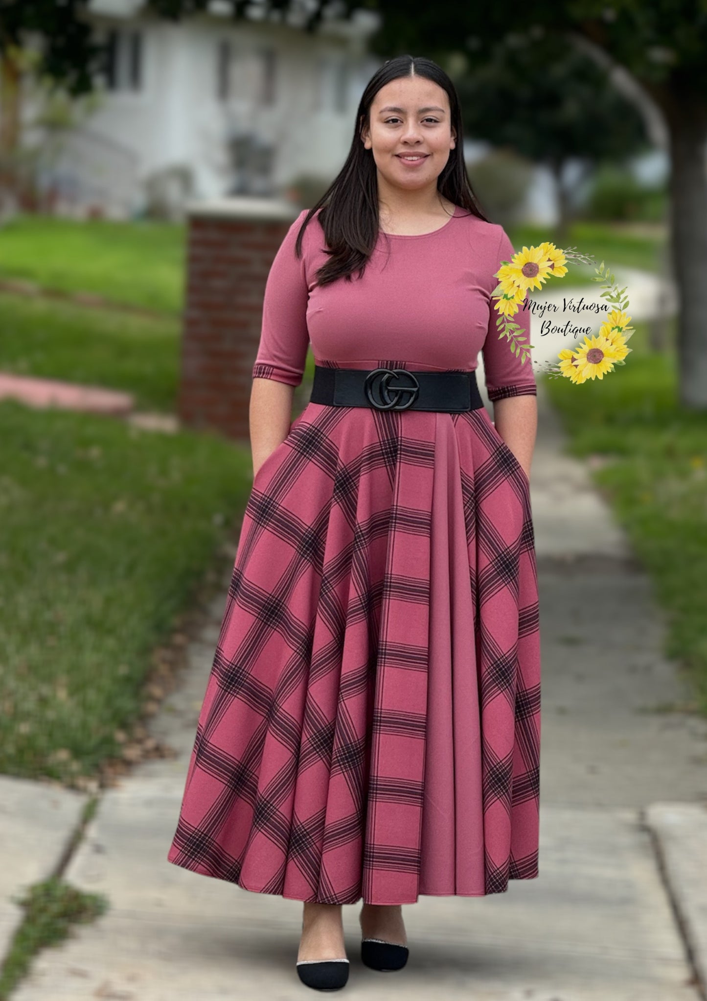 Andrea Mauve Plaid Maxi Dress