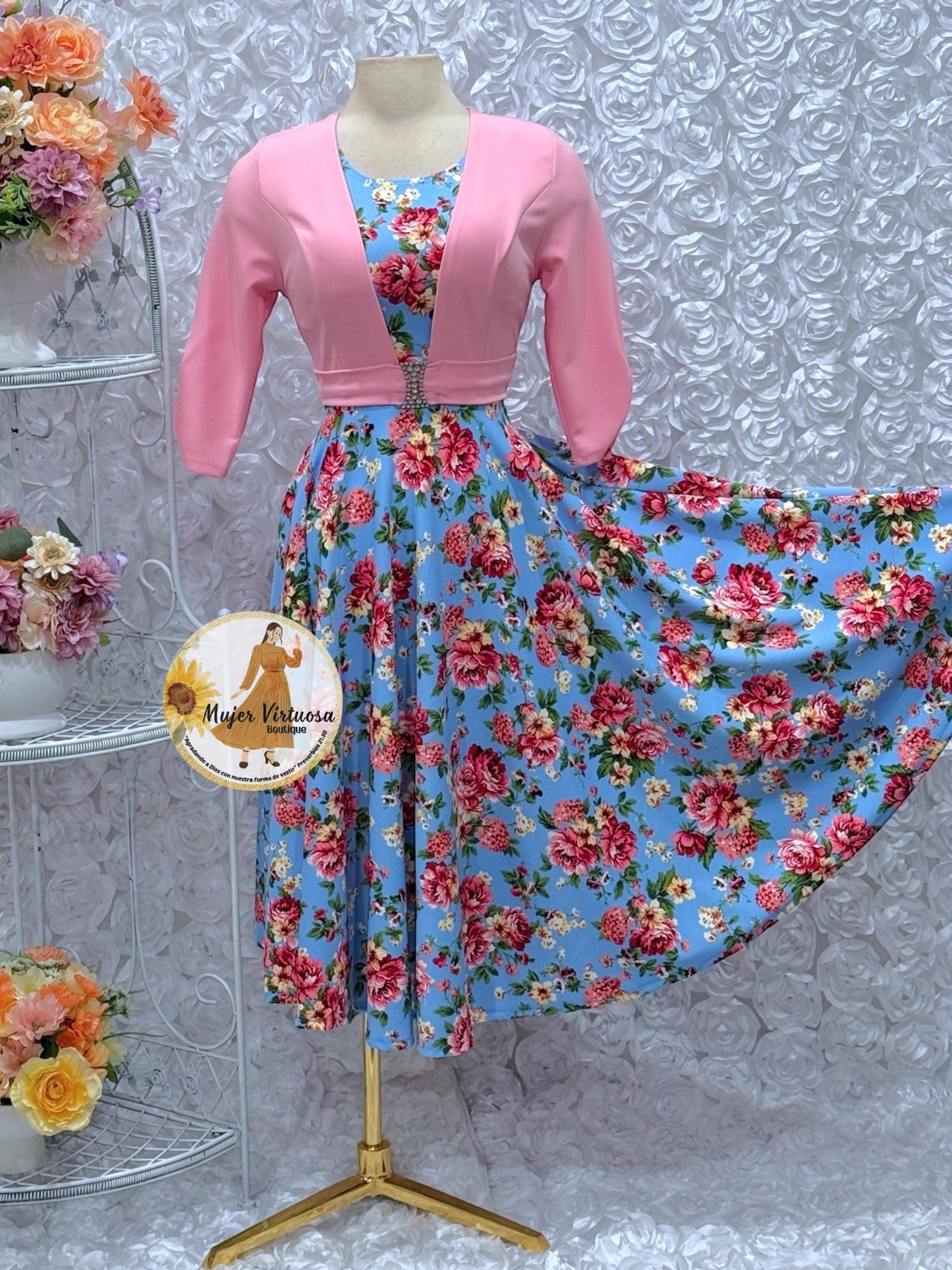 Pink/Blue Floral Midi Dress