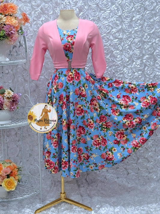 Pink/Blue Floral Midi Dress