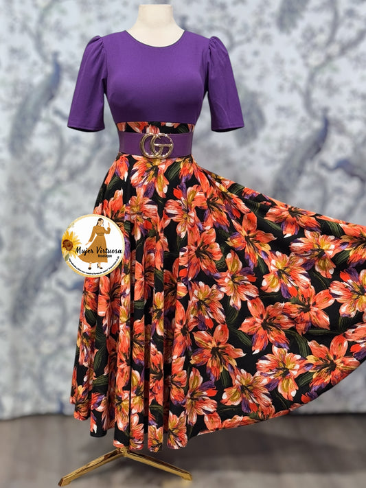 Eliana Purple & Black Floral Dress