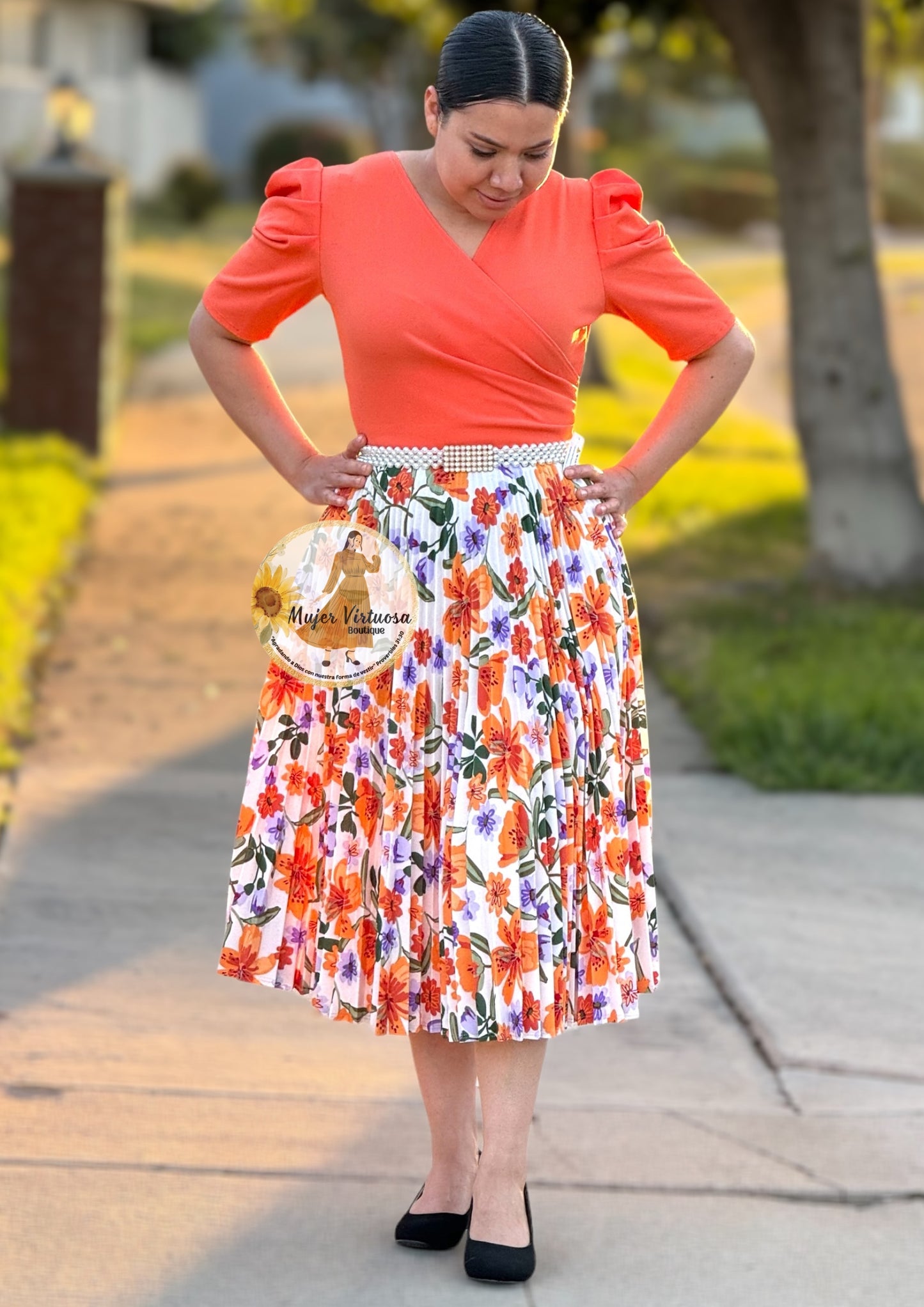 Orange Pleated Midi Floral Dress