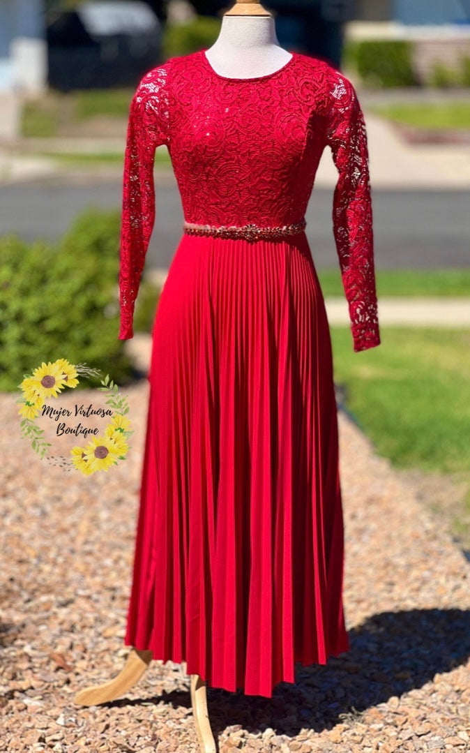 Alida Elegant Red Pleated Dress