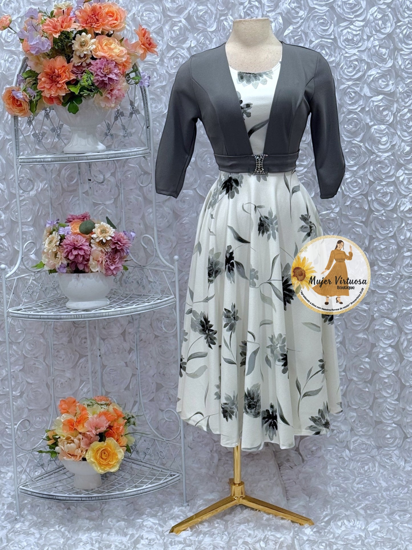 Grey/White Floral Midi Dress