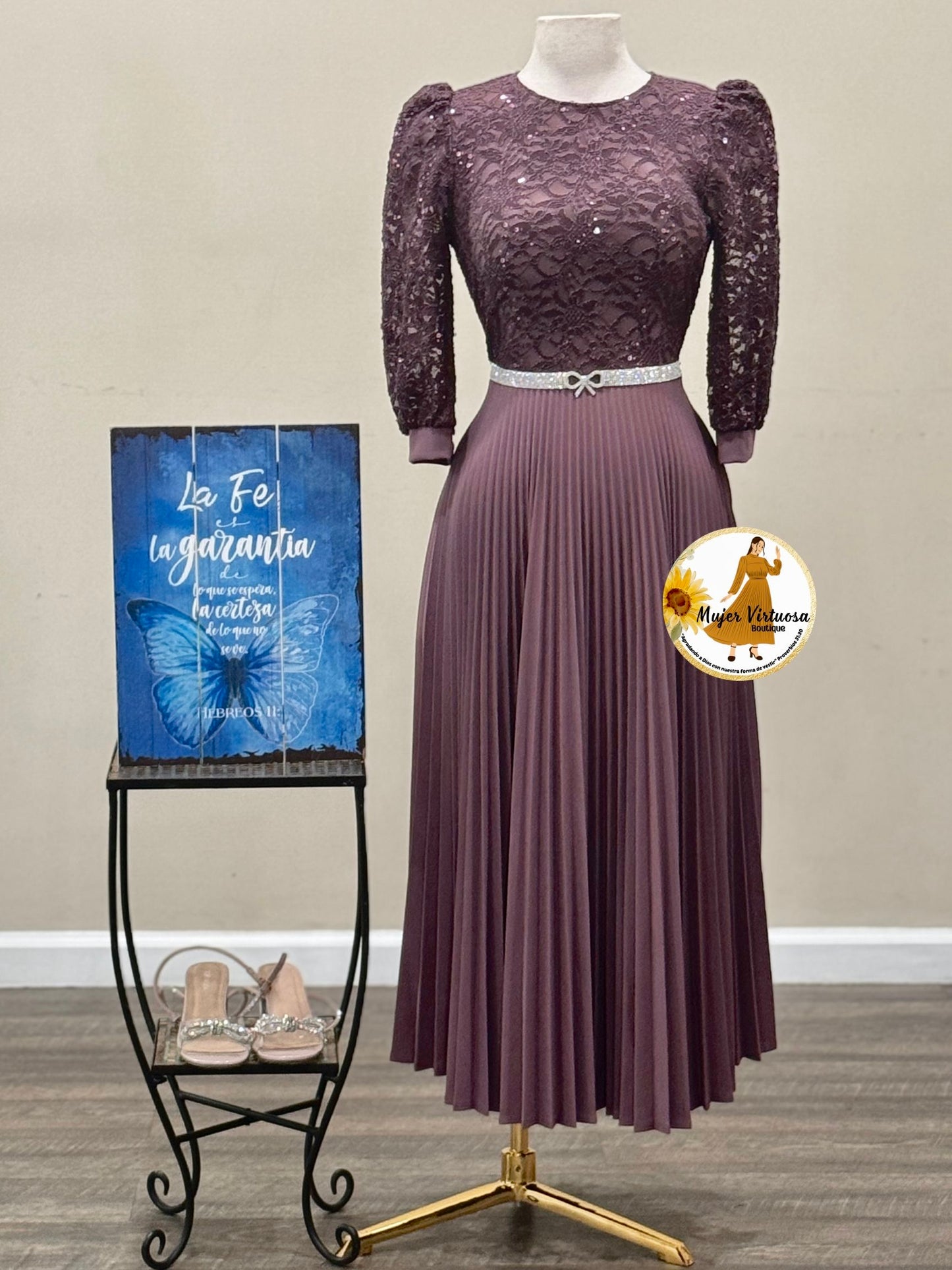 Ariana Dark Mauve Lace Pleated Dress