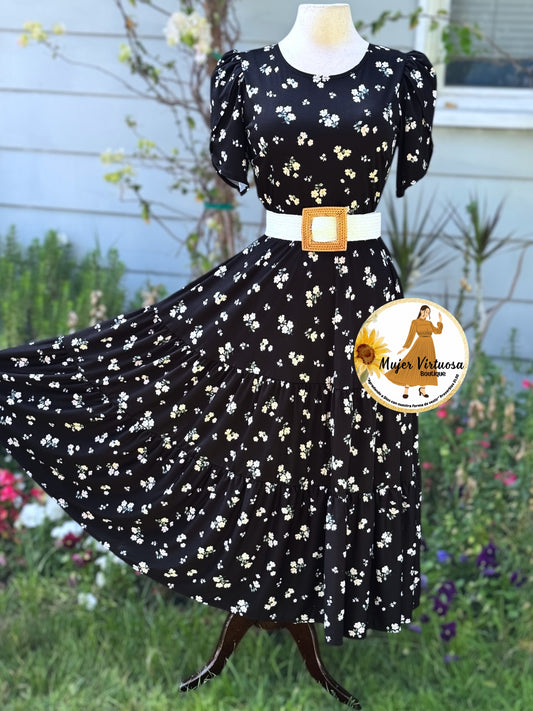 Abigail Black Three Tier Floral Dress