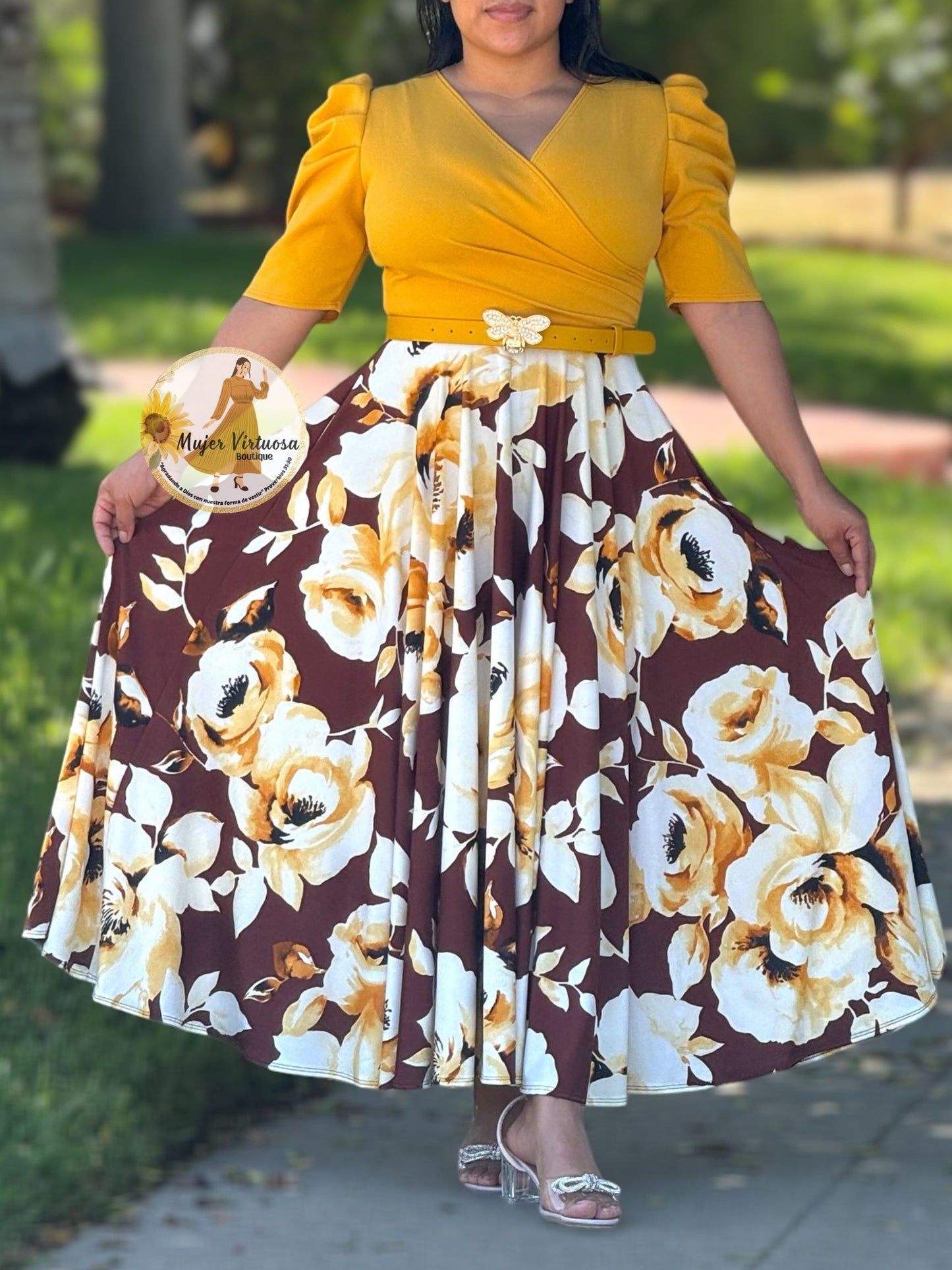 Mustard & Burgundy Floral Maxi Dress