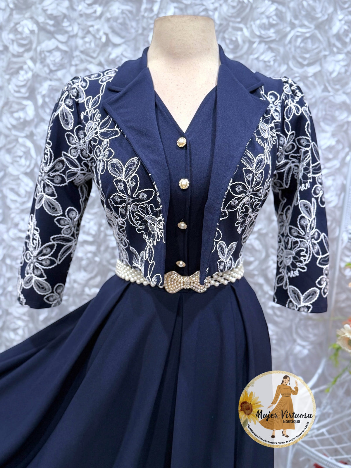 Linda Navy Blue Embroidered Dress