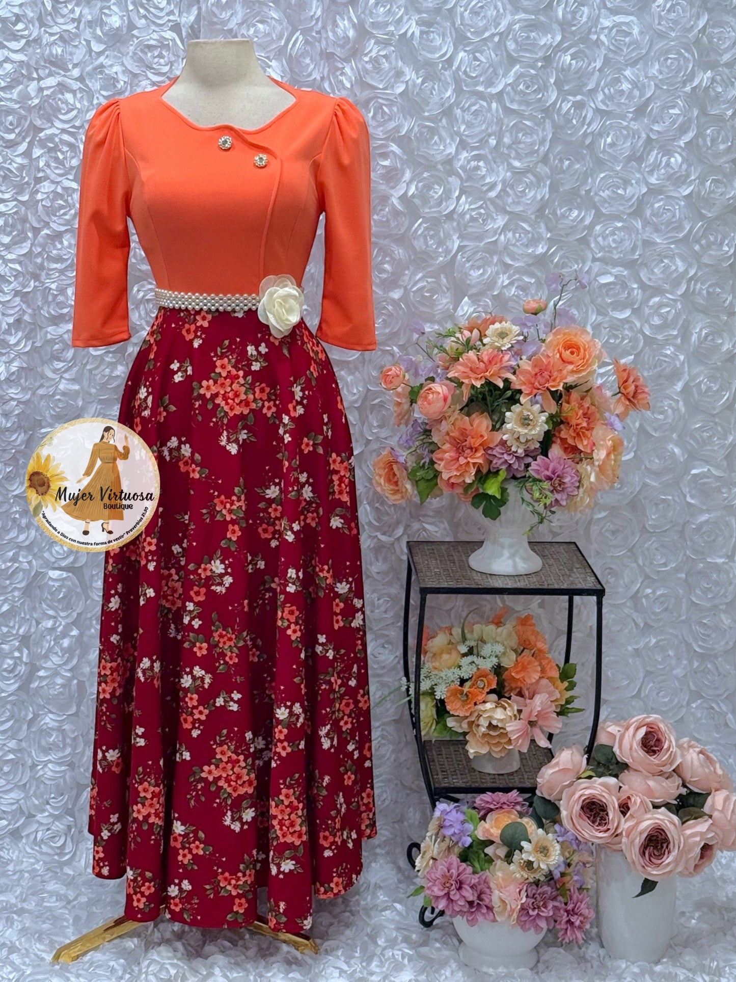 Celeste Orange/Burgundy Floral Dress