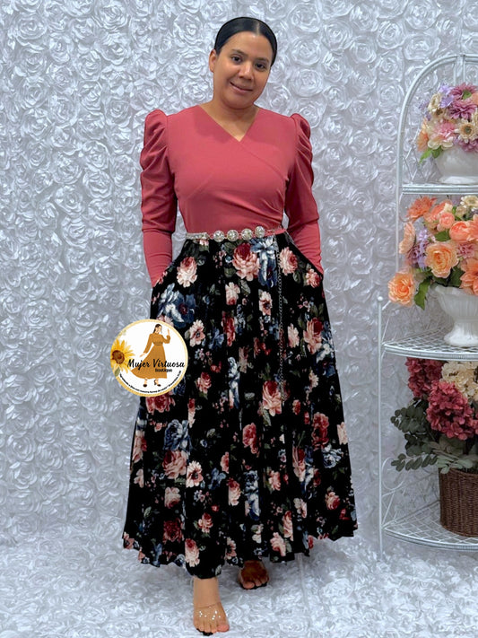 Yvette Mauve & Black Floral Dress