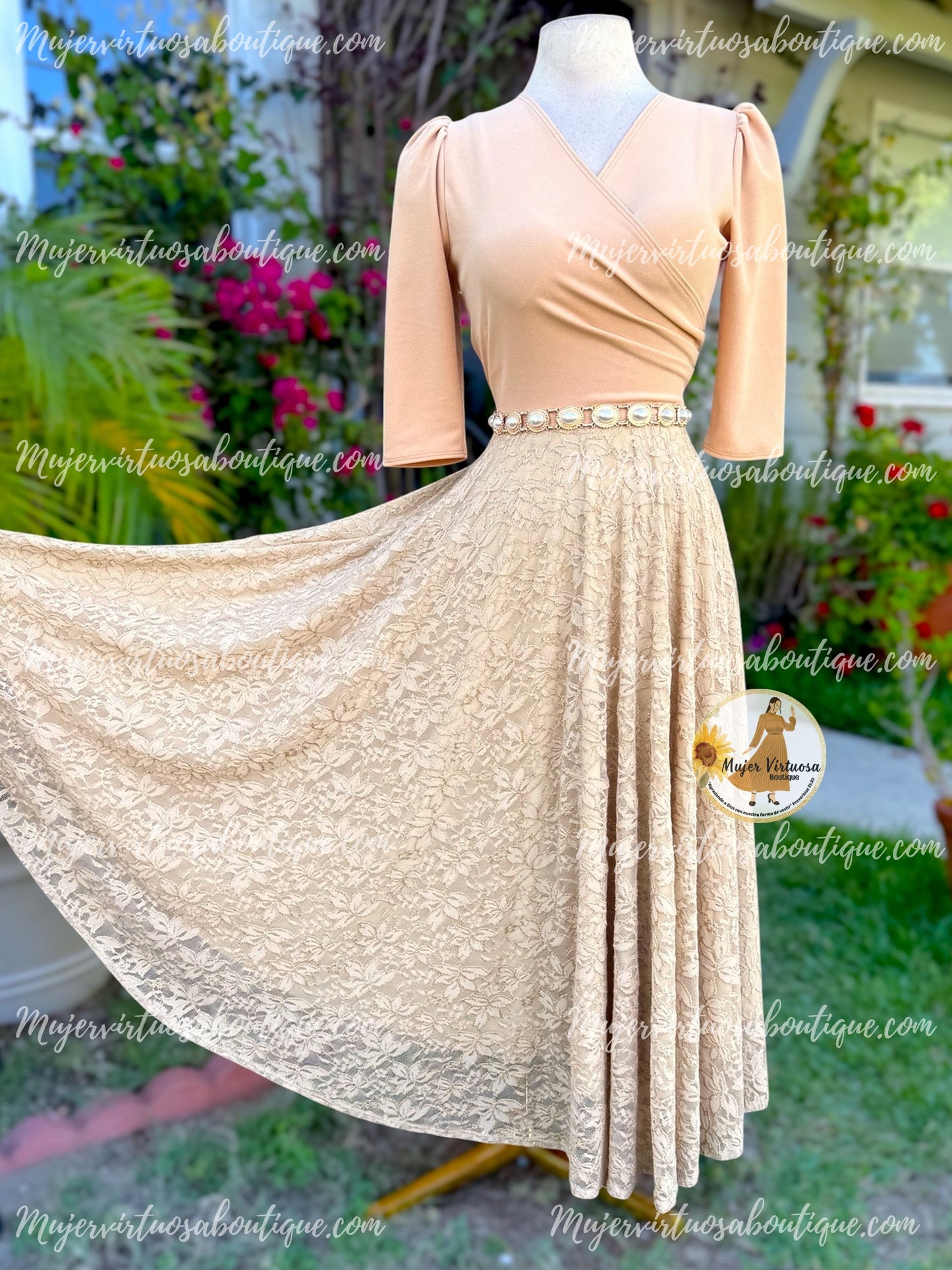 Eva Tan Crepe & Lace Dress
