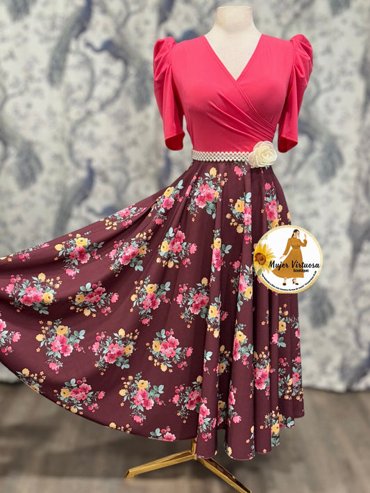 Susan Coral & Burgundy Floral Dress