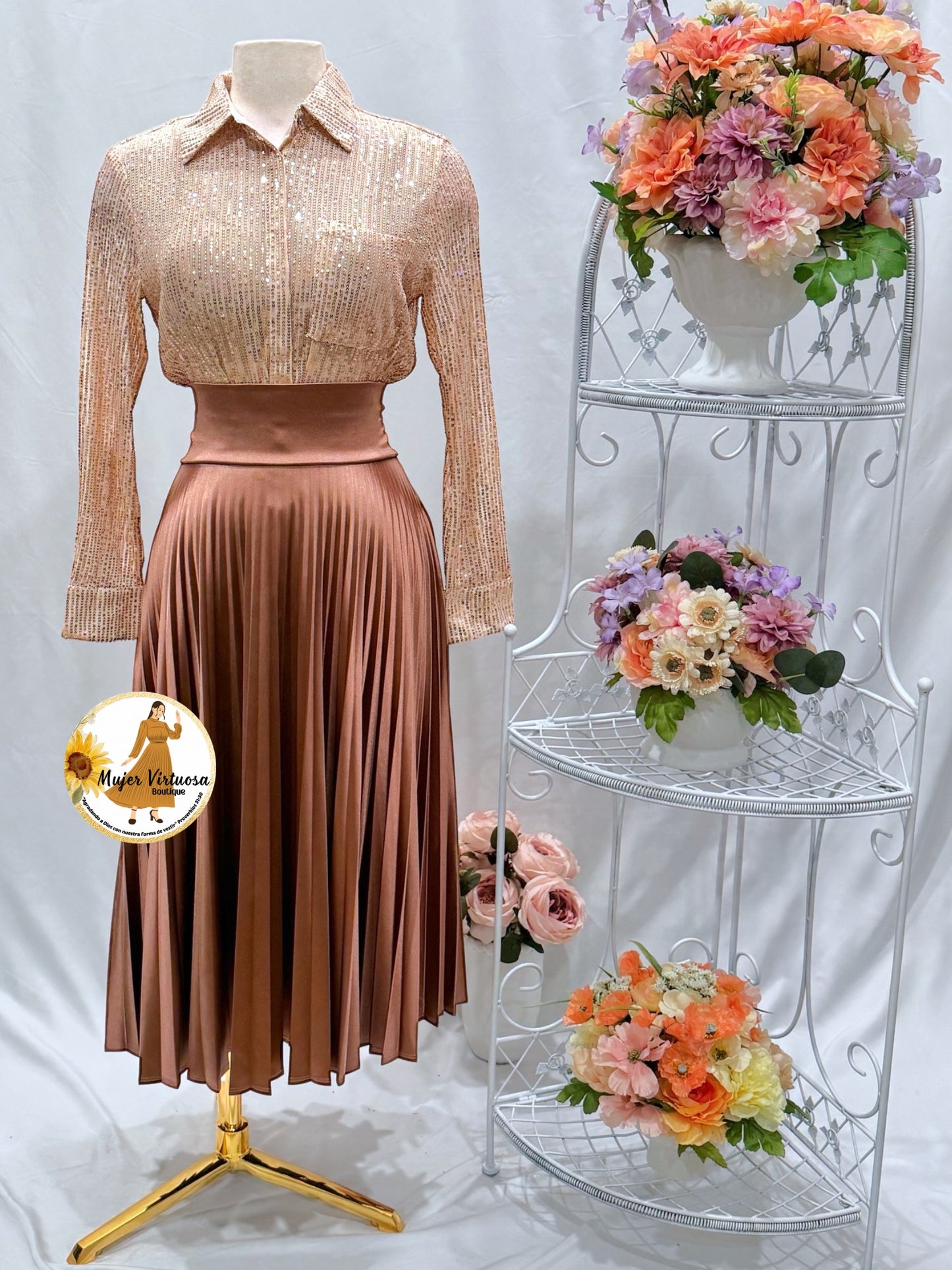 Alondra Bronze Satin Pleated Skirt