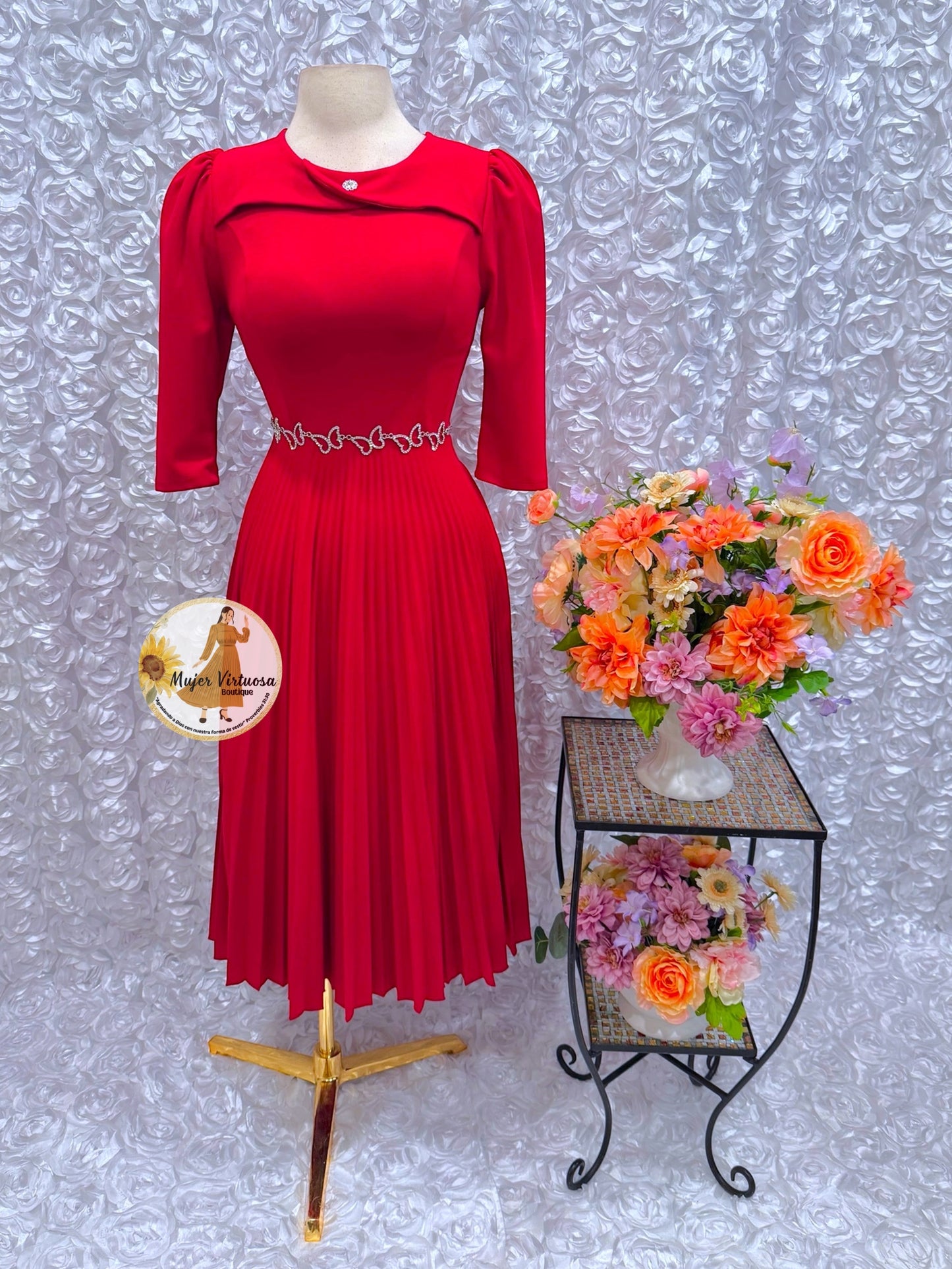 Dina Red Pleated Dress