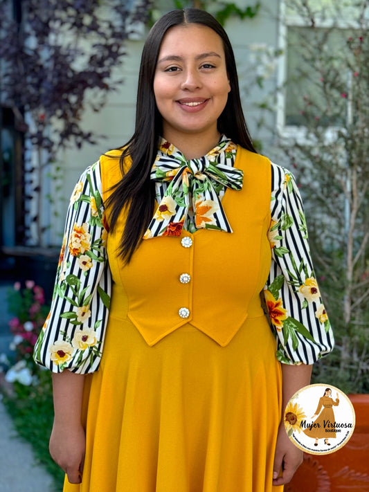 White Stripes Floral Top with Bow