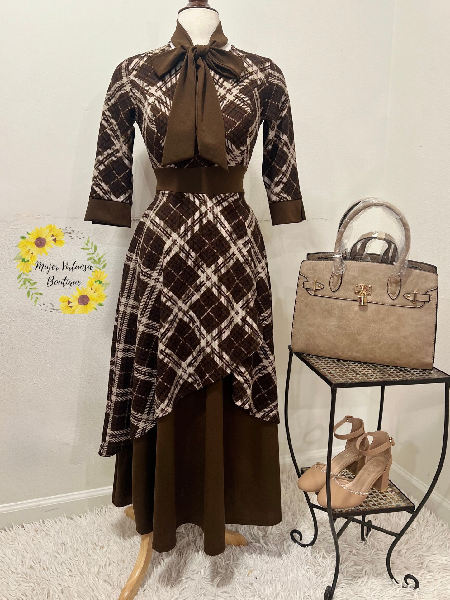 Oriana Coffee Vintage Plaid Dress