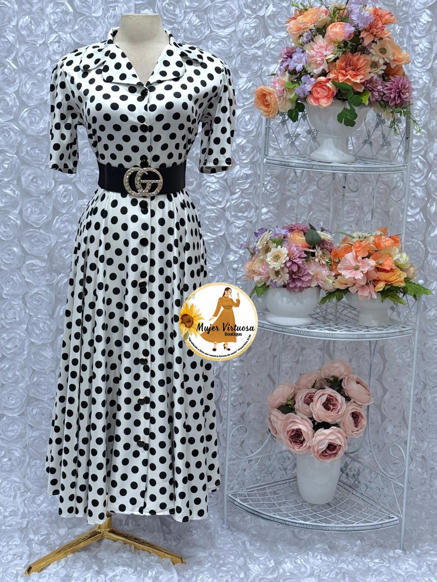 Jimena White Polka Dot Satin Dress