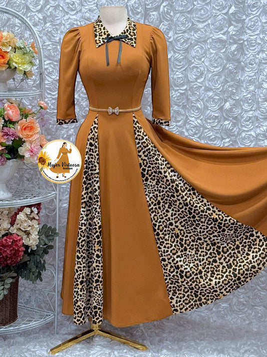 Victoria Camel Animal Print Dress