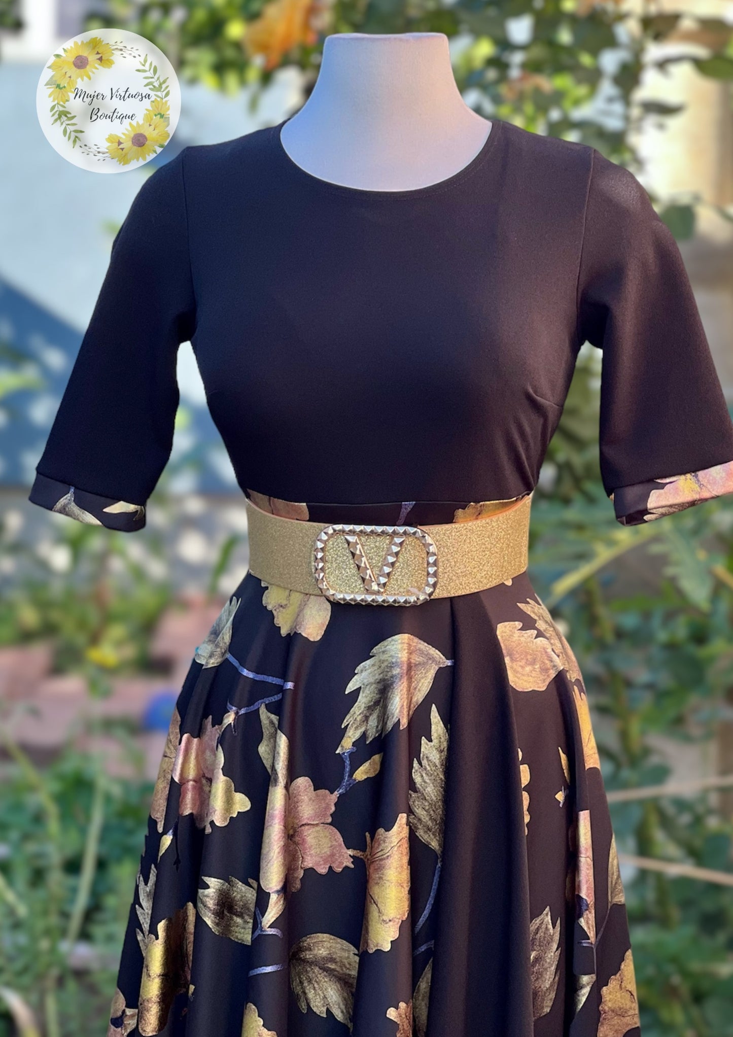 Andrea Black & Gold Leaves Dress