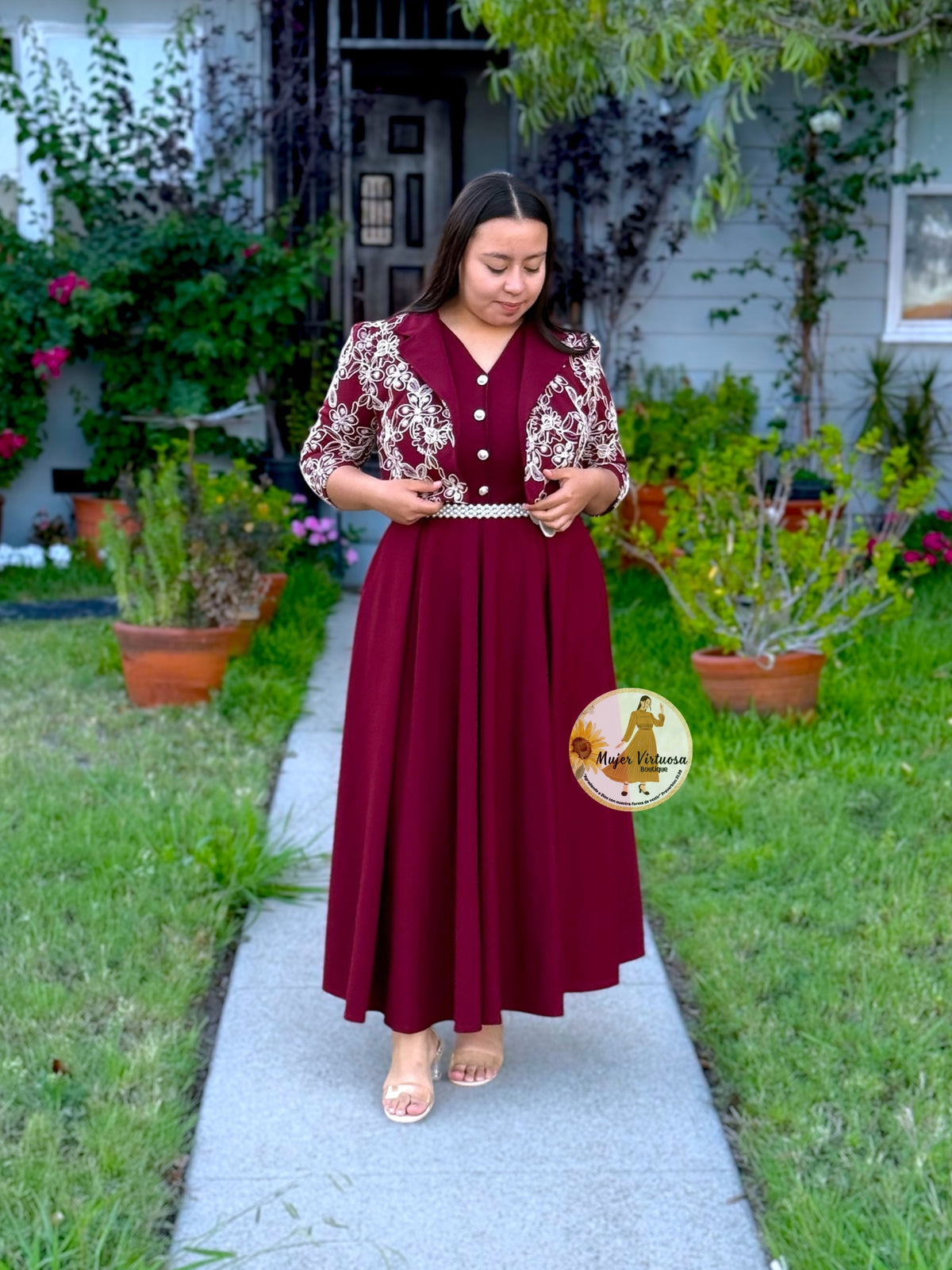 Linda Burgundy Embroidered Dress