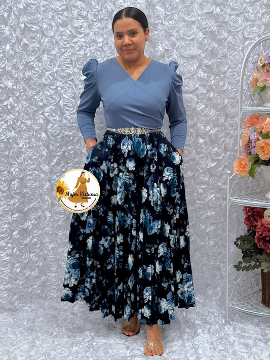 Yvette Denim & Navy Blue Floral Dress