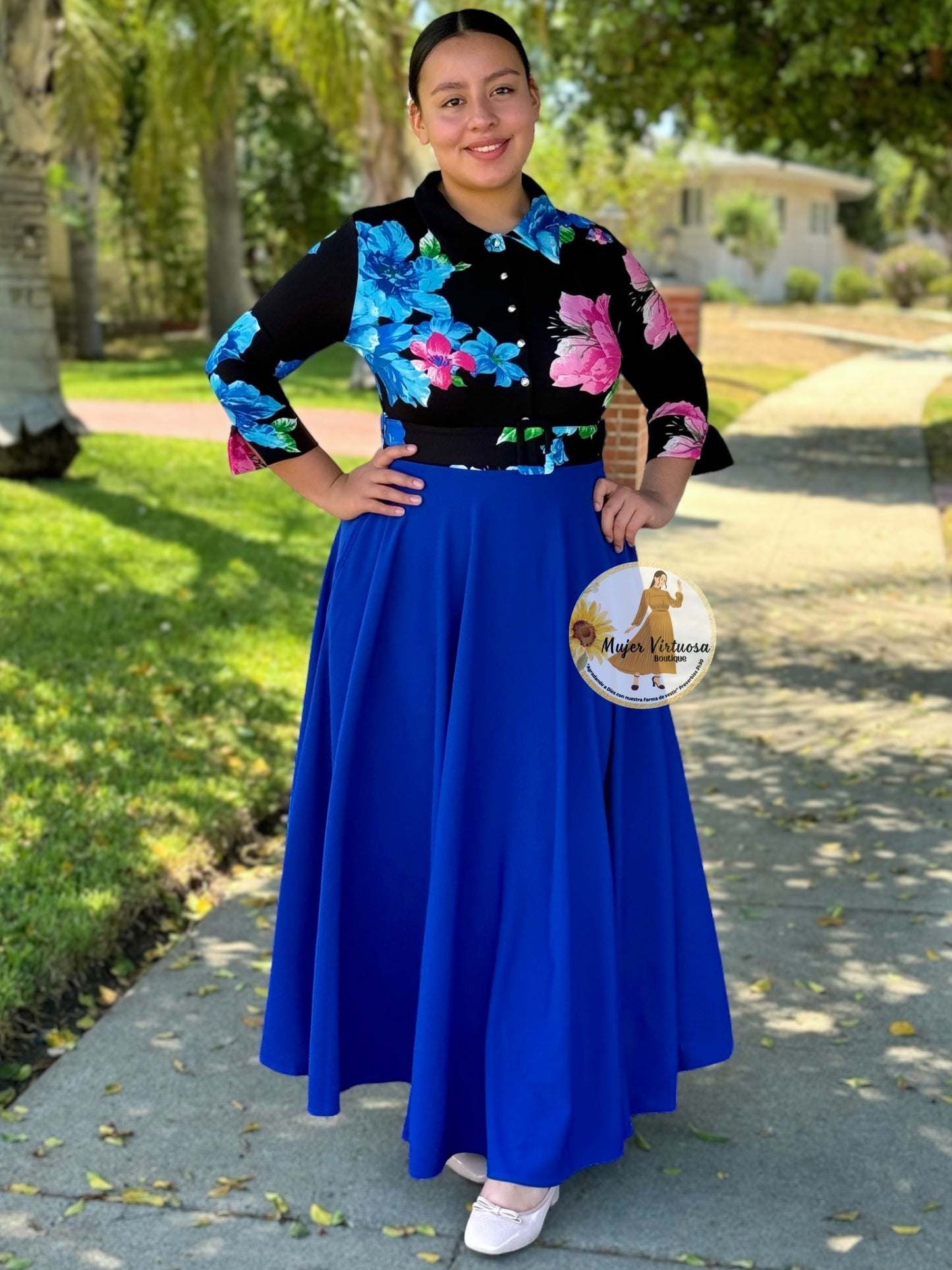 Hadassah Black & Royal Blue Belted Floral Dress