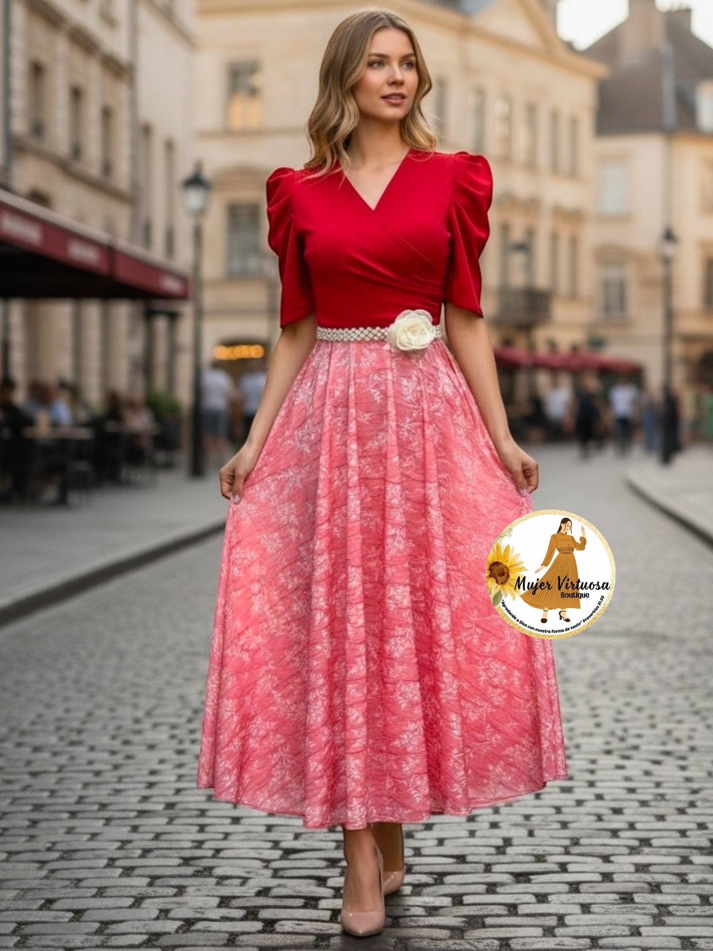 Susan Red Crepe & Mesh Dress