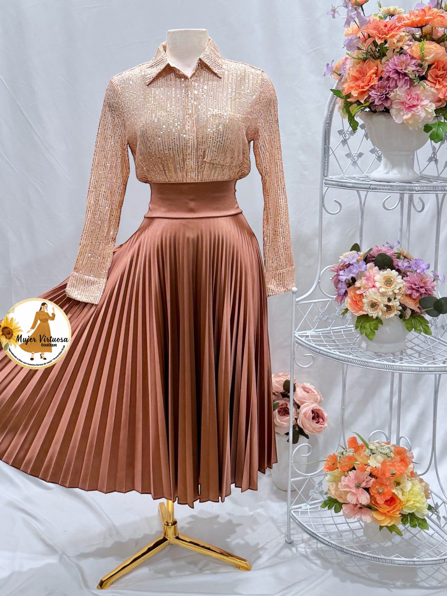 Alondra Bronze Satin Pleated Skirt