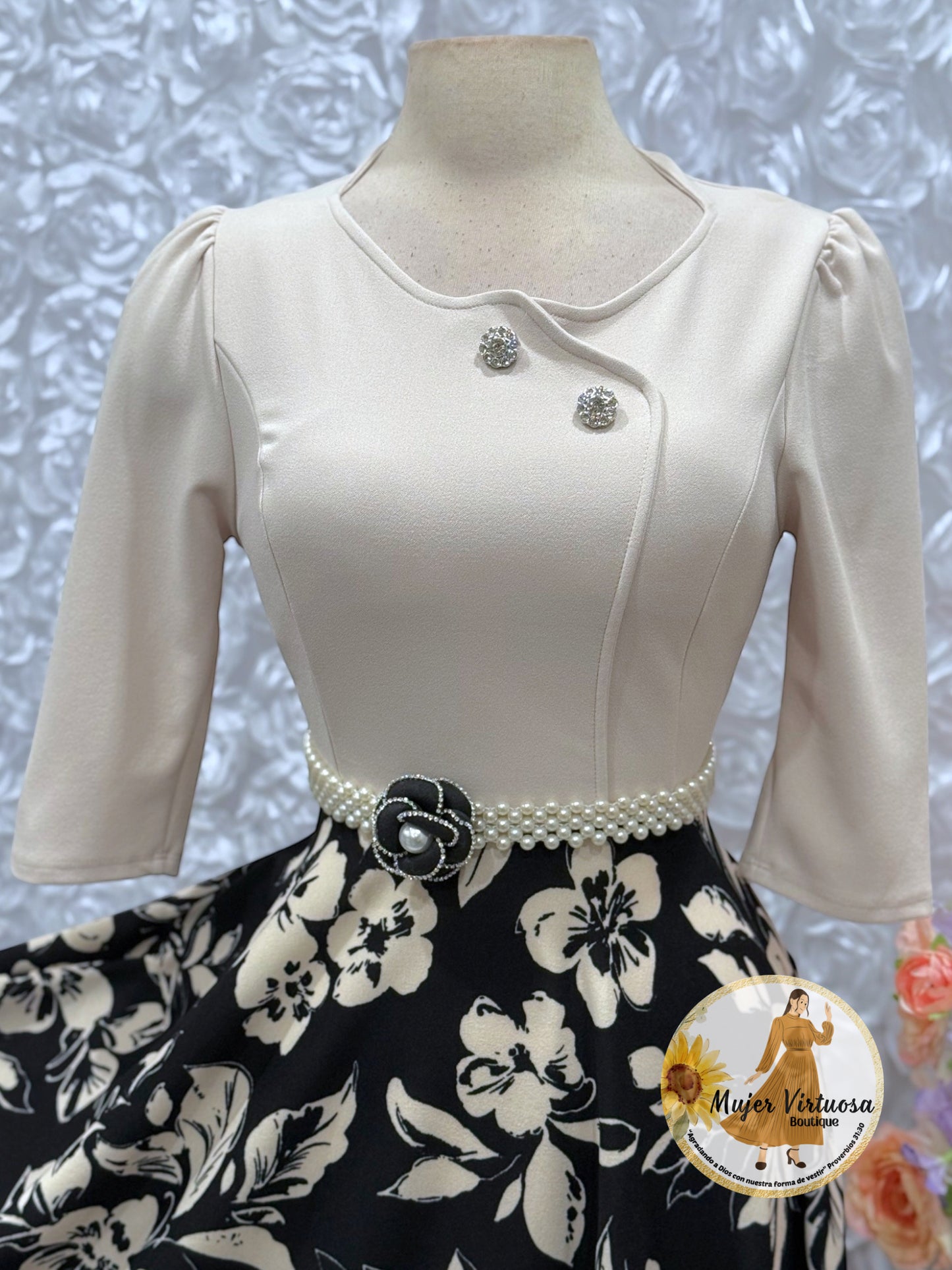 Celeste Beige/Black Floral Dress