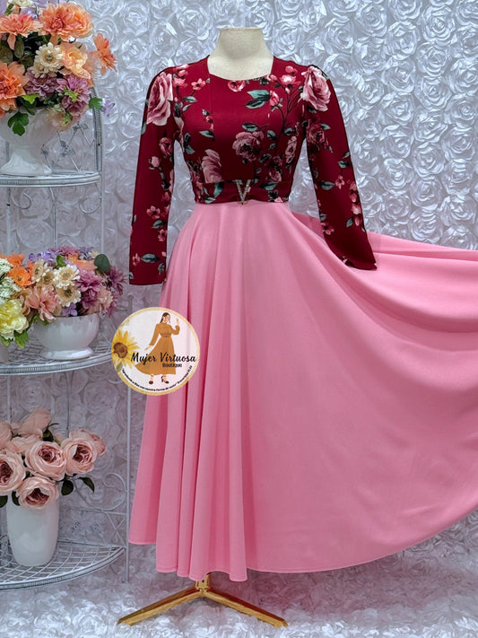 Nadia Burgundy/Pink Floral Dress